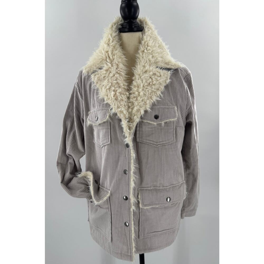 KUT from the Cloth Faux Fur Cord Jacket Gray Cream L Sherpa Coat Shirt